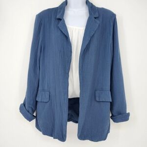 Stoosh Womens Blue Cotton Gauze Textured Blazer Size M Casual Chic Open Front
